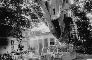 Παλιά φωτογραφία του Κήπου Παναγίας με το χαρακτηριστικό κοβούκλιο στο πατάρι, απ' όπου γίνονταν οι προβολές του θερινού κινηματογράφου "Όασις".