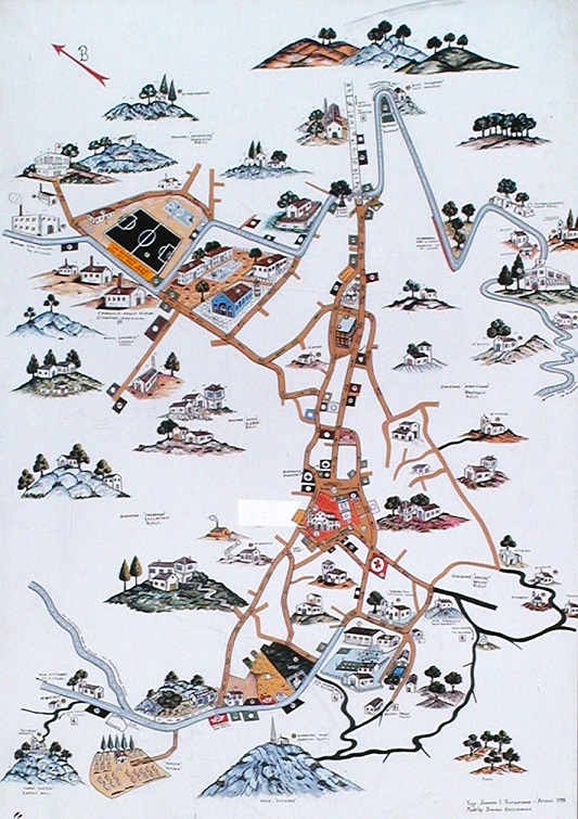 Καλλιτεχνικός χάρτης του οικισμού Αγιάσου από το Δημήτρη Ι. Χατζηγιάννη, κατά παραγγελία Στρατή Π. Τζίνη. 